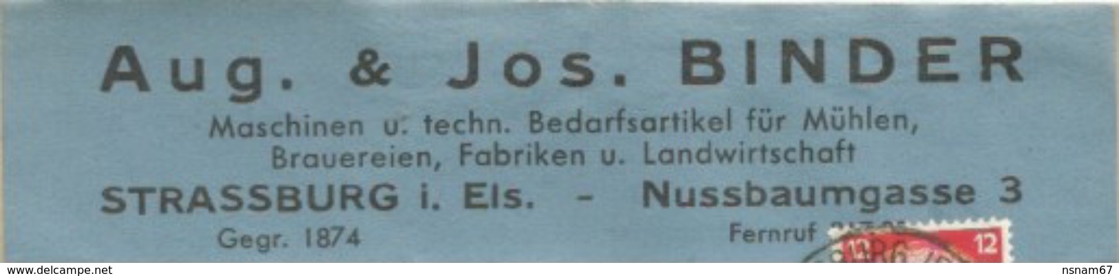 H66 - STRASSBURG (ELS) 4 - 1941 - Entête Aug. Et Jos. BINDER Machinen Fur Muhlen Brauerein - - Sonstige & Ohne Zuordnung