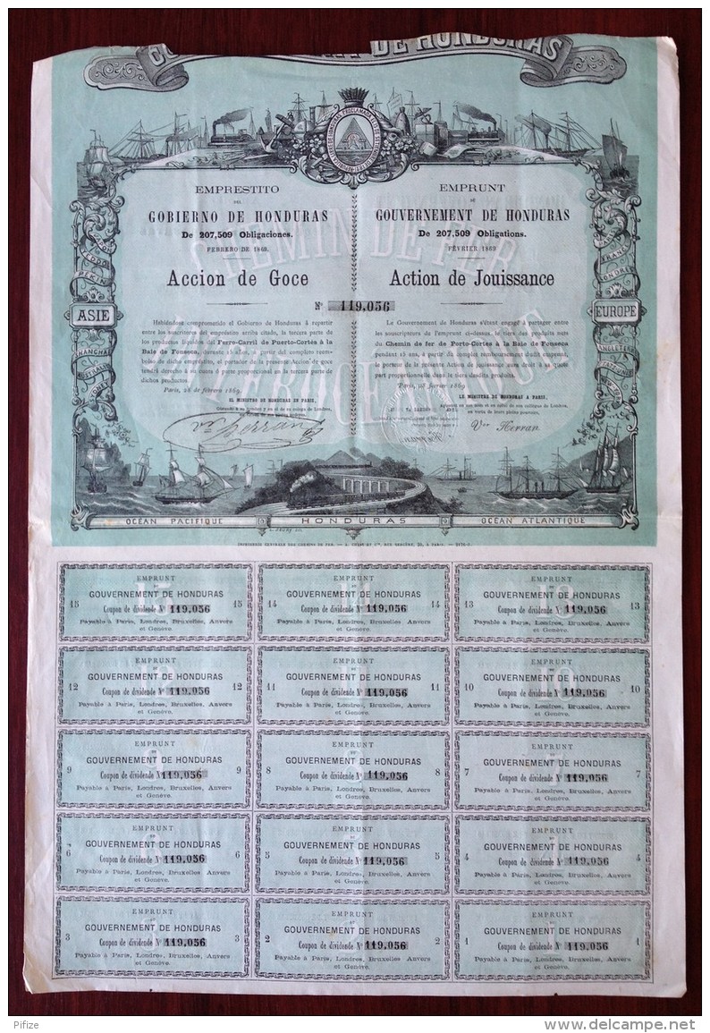 Emprunt Du Gouvernement Du Honduras 1869 . Action De Jouissance . Obligation . - G - I