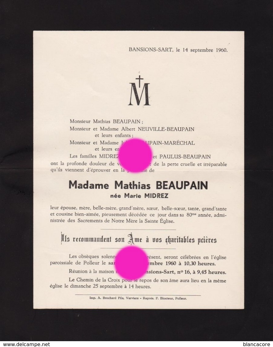 JALHAY POLLEUR  BANSIONS SART 1960 Mme MATHIAS BEAUPAIN Née MARIE MIDREZ - Other & Unclassified