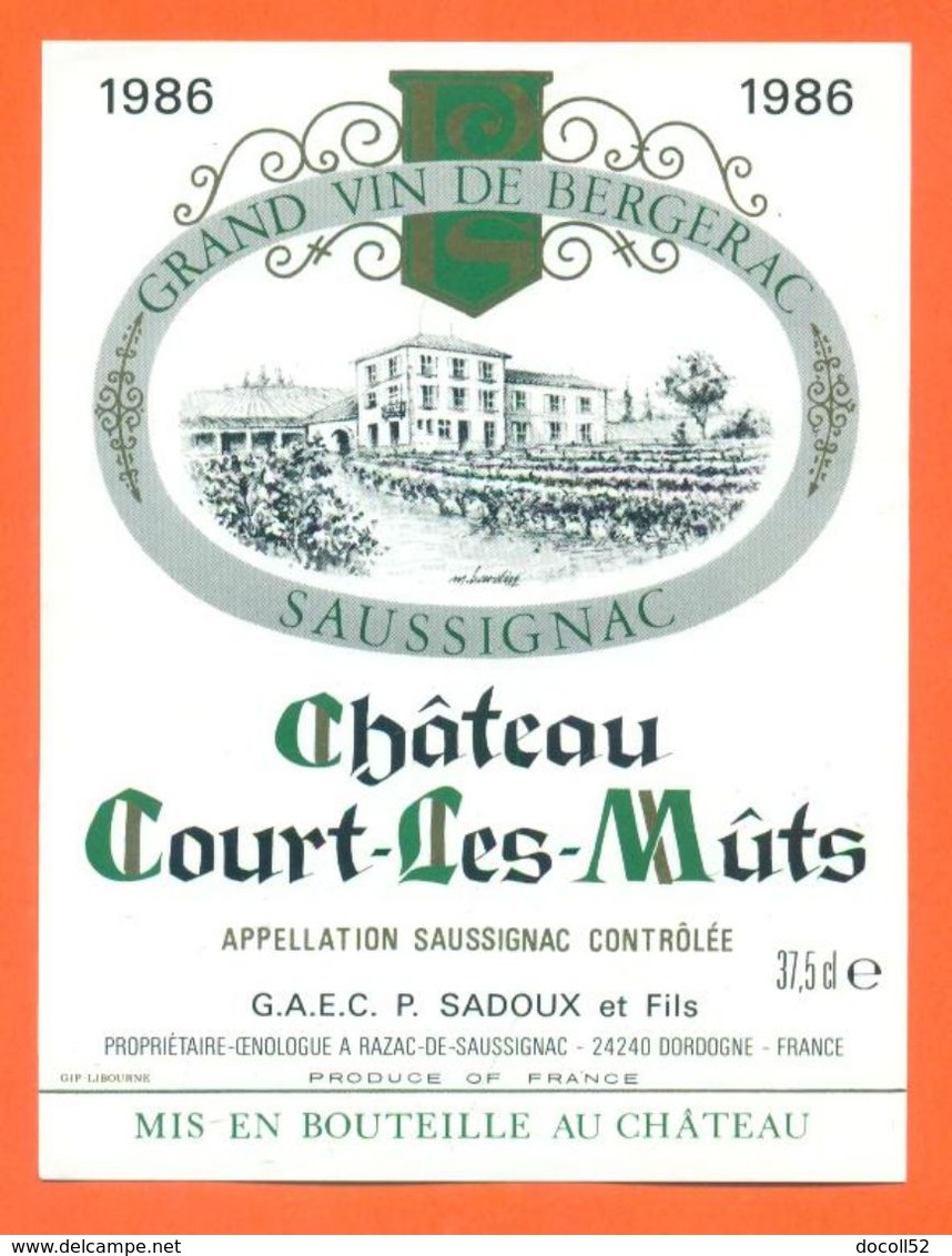 étiquette Vin De Bergerac Chateau Court Les Muts 1986 Sadoux à Razac De Saussignac - 37,5 Cl - Bergerac