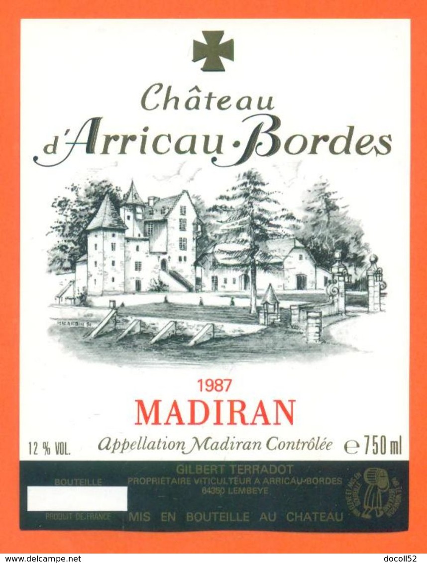 étiquette Vin De Madiran Chateau D'arricau Bordès 1987 Gilbert Terradot à Arricau Bordès - 75 Cl - Madiran