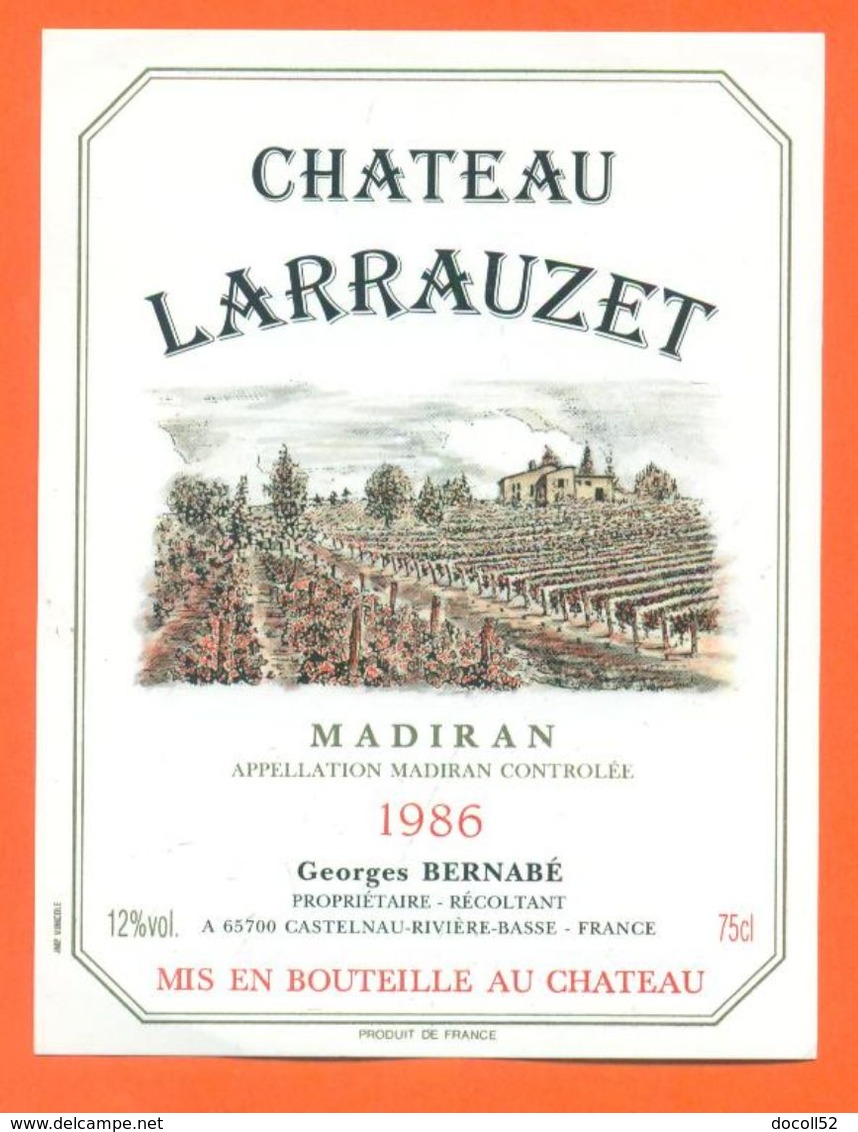 étiquette Vin De Madiran Chateau Larrauzet 1986 Georges Bernabé à Castelnau Rivière Basse - 75 Cl - Madiran