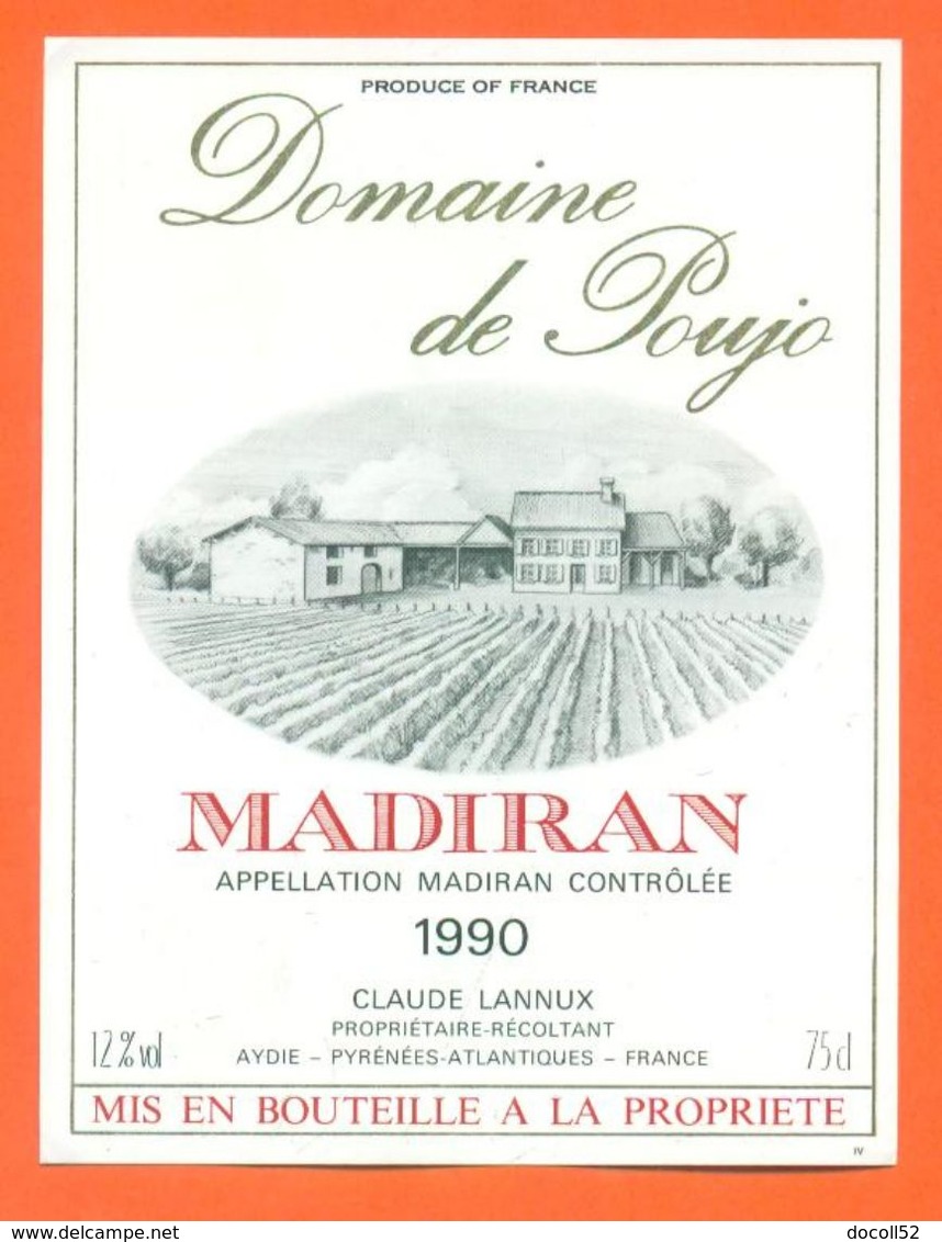 étiquette Vin De Madiran Domaine De Poujo 1990 Claude Lannux à Aydie - 75 Cl - Madiran