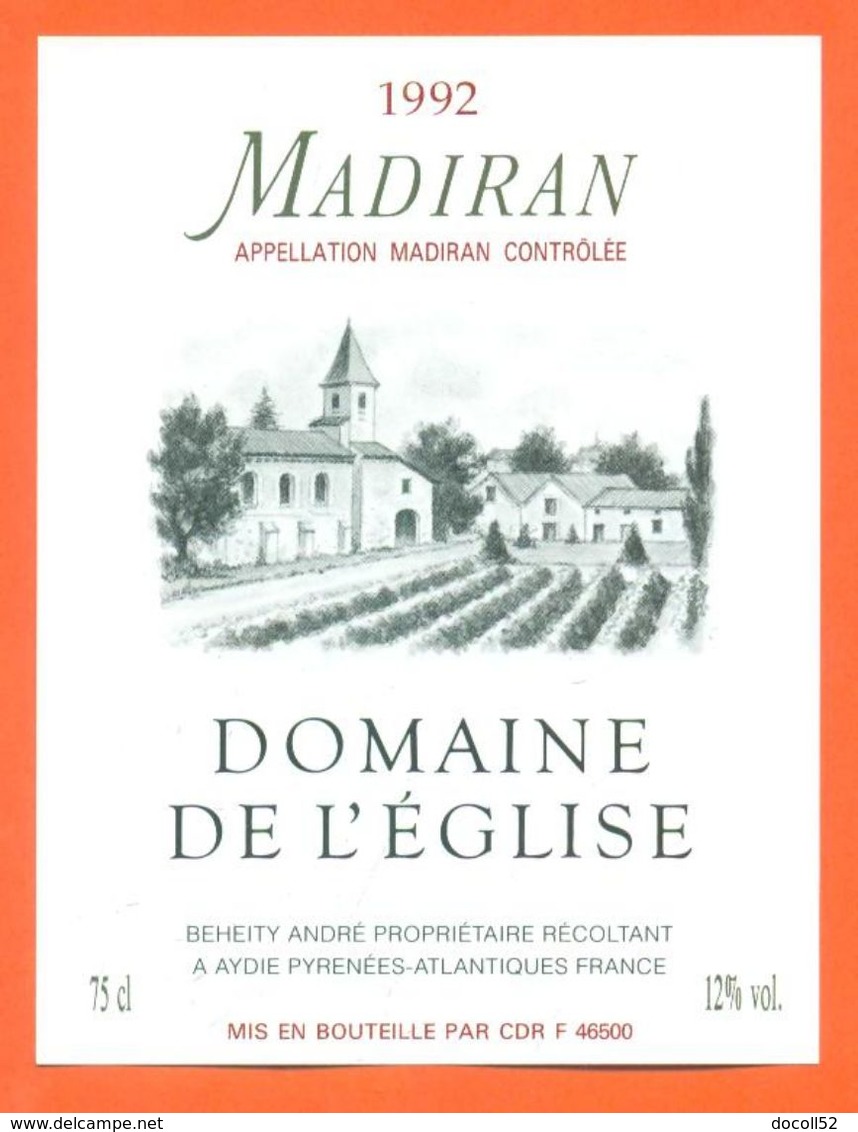 étiquette Vin De Madiran Domaine De L'église 1992 André Beheity à Aydie - 75 Cl - Madiran