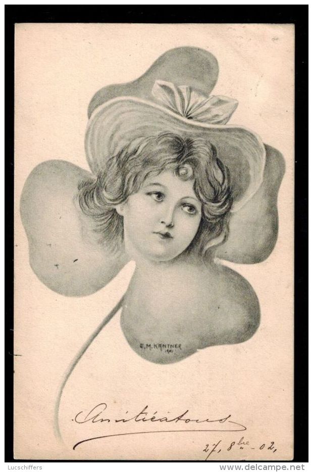 Illustrateur E.M.Kantner - Portrait De Femme Dans Un Trèfle - Style Art Nouveau - 2 Scans - Autres & Non Classés