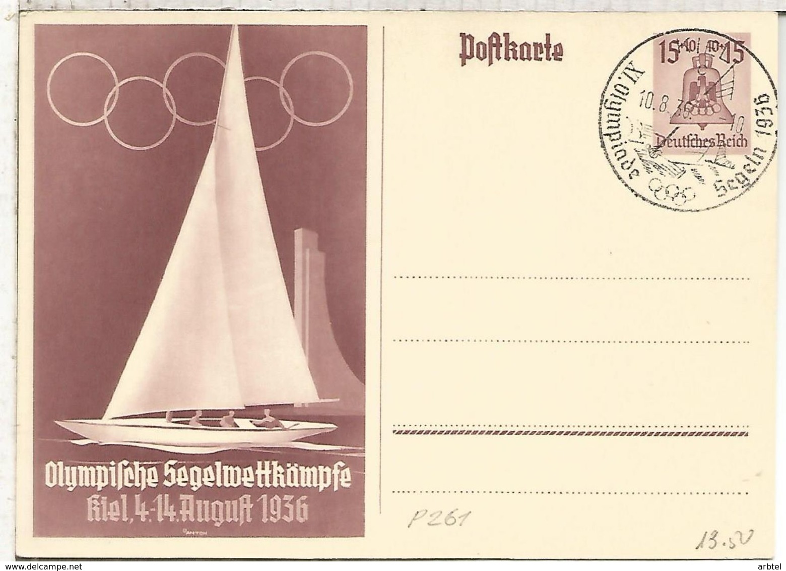 ALEMANIA REICH ENTERO POSTAL JUEGOS OLIMPICOS DE BERLIN 1936 CON MAT KIEL PRUEBAS DE VELA SAIL - Sommer 1936: Berlin