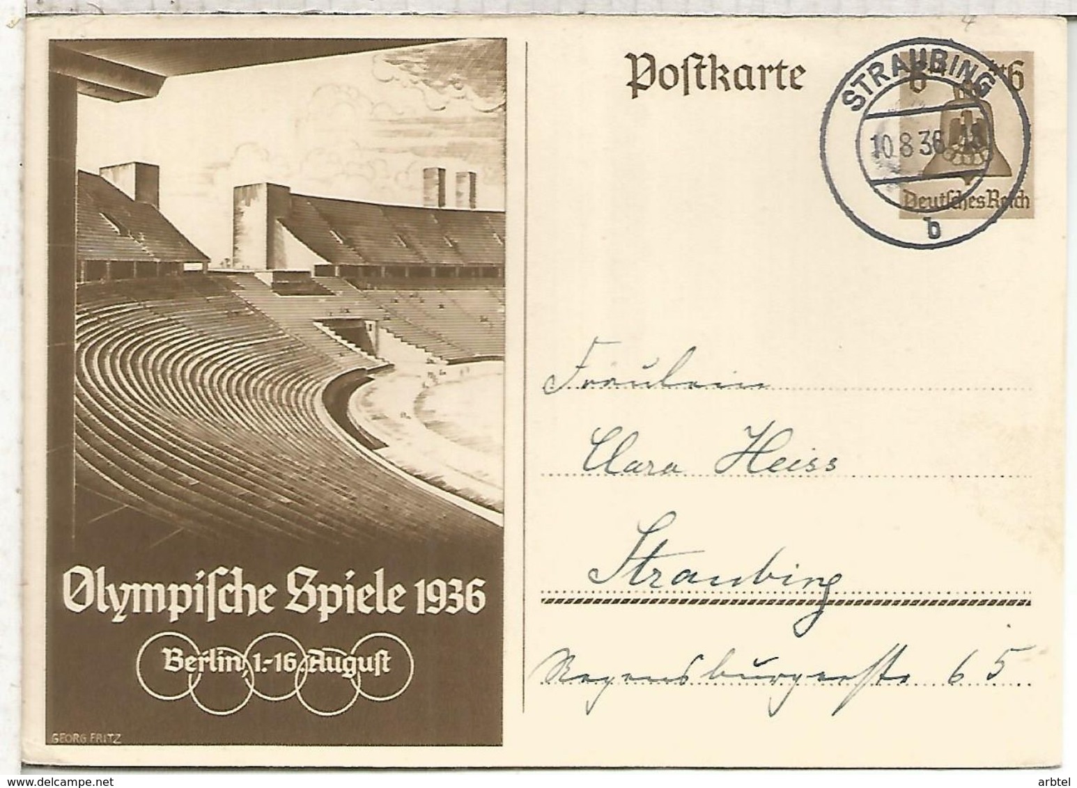 ALEMANIA REICH ENTERO POSTAL JUEGOS OLIMPICOS DE BERLIN 1936 CON MAT STRAUBING - Ete 1936: Berlin