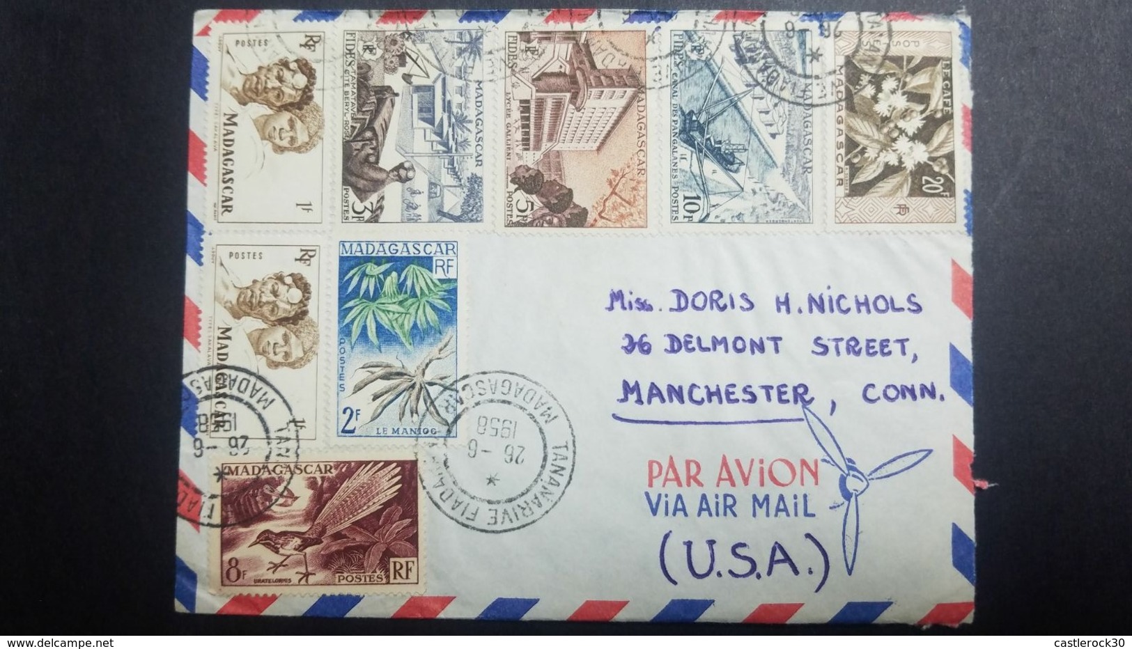 O) 1956 MADAGASCAR, COFFEE, TRACTOR-GALLIENI SCHOOL-PANGALANES CANAL, TO MANCHESTER, NICE COVER XF - Madagascar (1960-...)