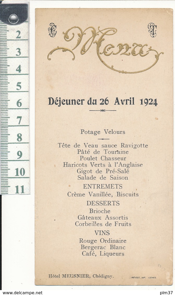 CHEDIGNY, Indre Et Loire - Menu - Déjeuner Du 26 Avril 1924 - Menus