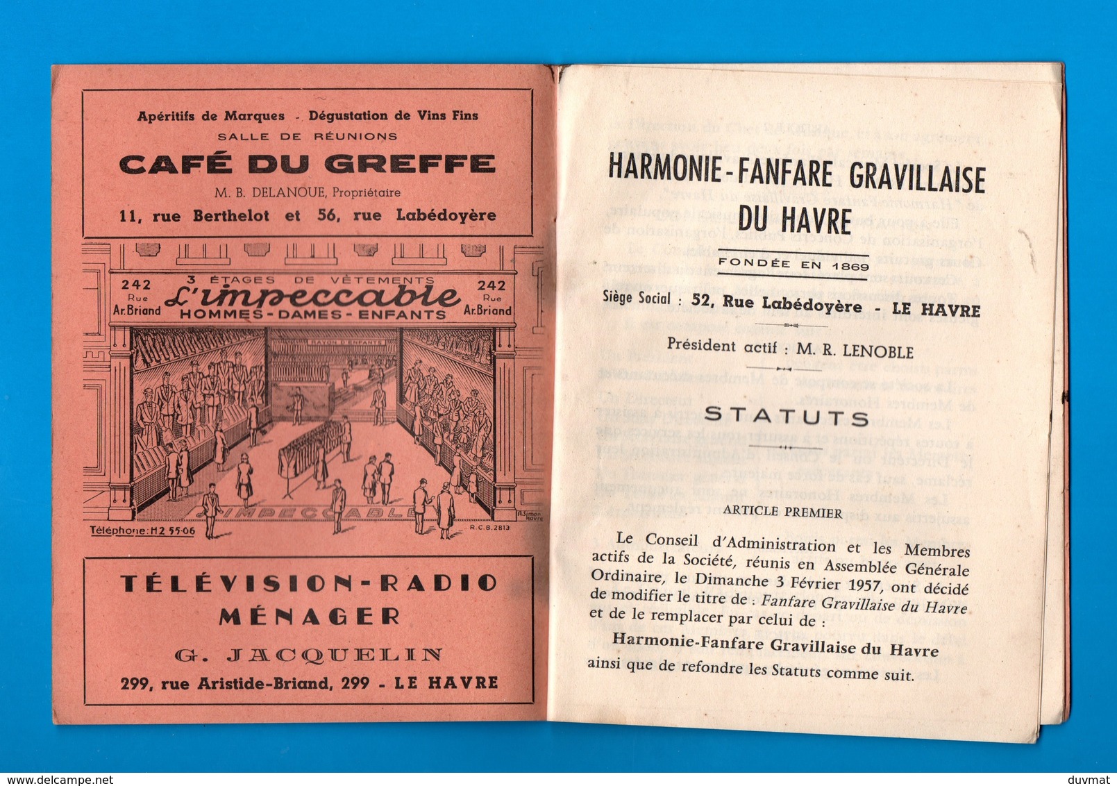 76 Le Havre Graville Statuts De 1957 De  L ' Harmonie Fanfare Gravillaise Fascicule De 6 Pages ( Format 12,2 X 15 , 8 ) - Autres & Non Classés