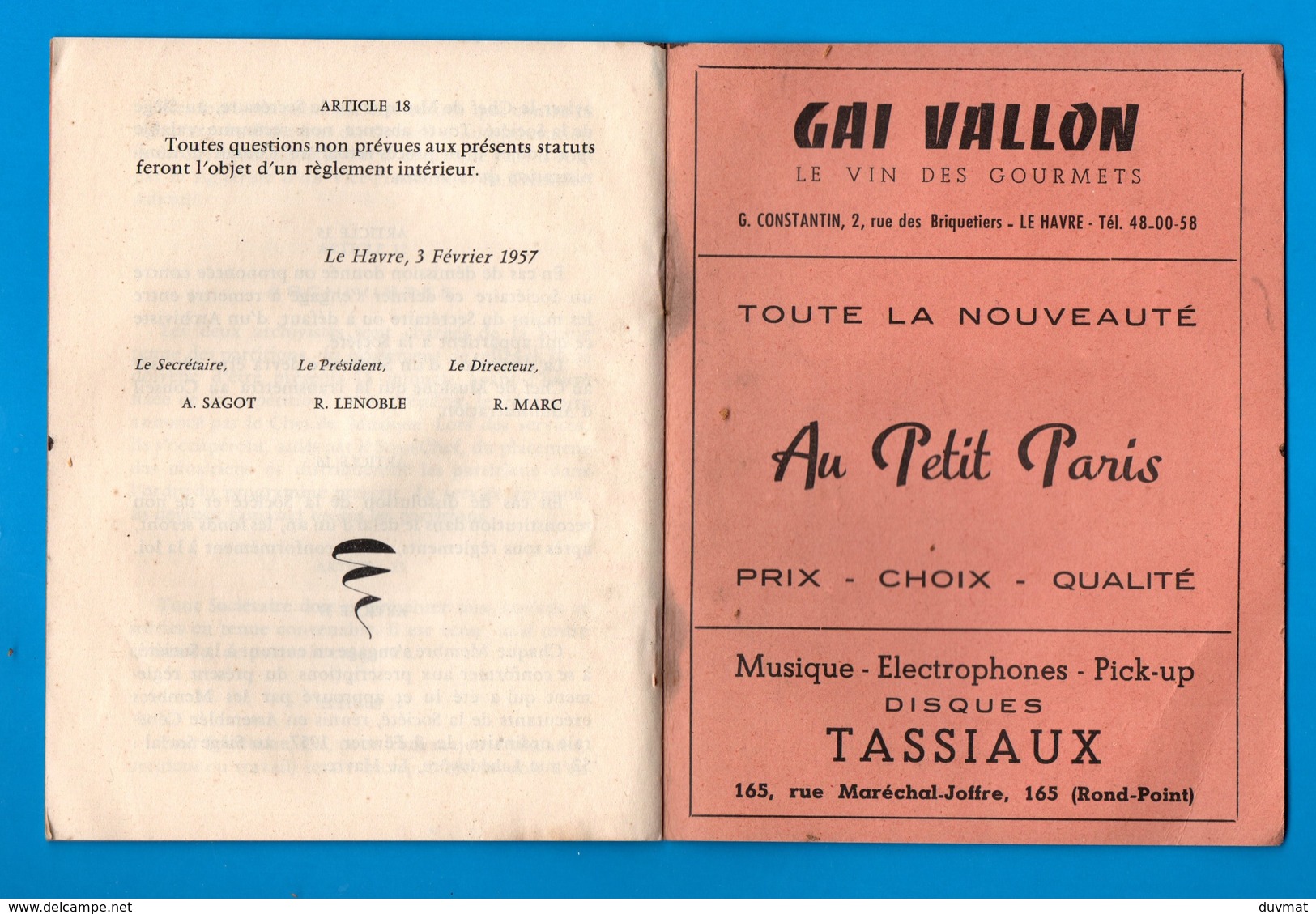 76 Le Havre Graville Statuts De 1957 De  L ' Harmonie Fanfare Gravillaise Fascicule De 6 Pages ( Format 12,2 X 15 , 8 ) - Autres & Non Classés