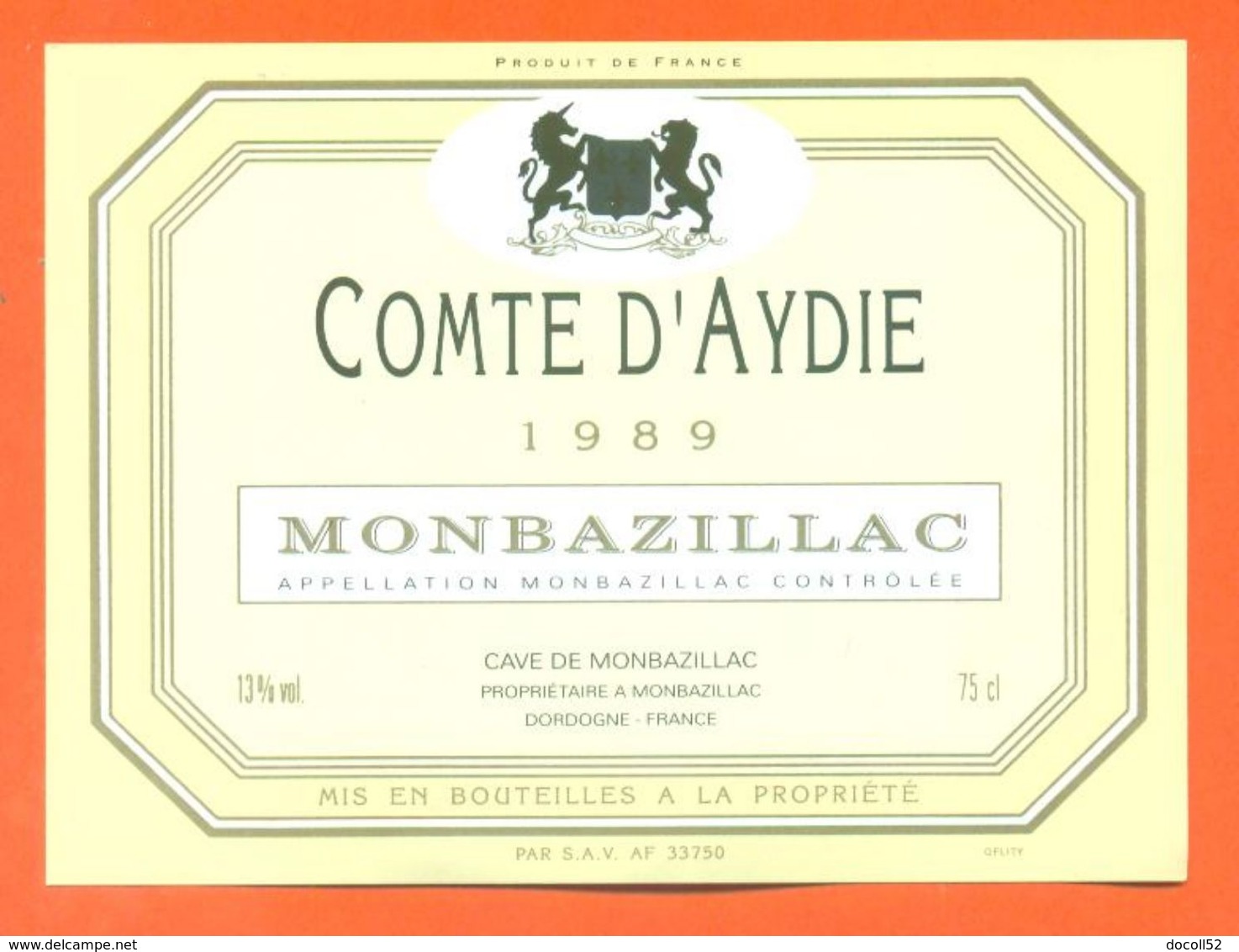 étiquette Vin De Monbazillac Chateau D'aydie 1989 - 75 Cl - Monbazillac