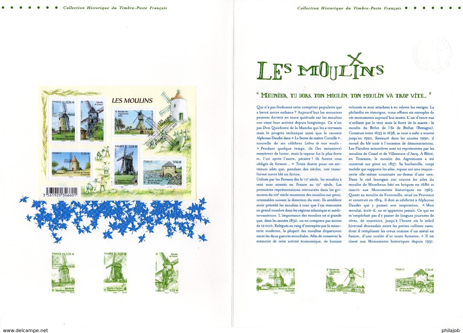 " LES MOULINS " Sur Document Philatélique Officiel 1er Jour De 4 Pages De 2010 N° YT F4485. Parfait état..DPO - Windmills