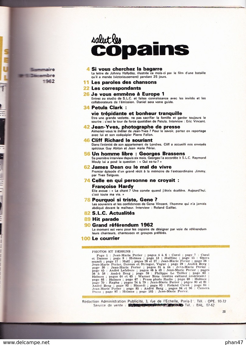 S.L.C. SALUT LES COPAINS N°5 / 12/1962  Manque Couv. Cliff Richard, Johnny, Petula, Brassens, James Dean, F. Hardy, Gene - Musik