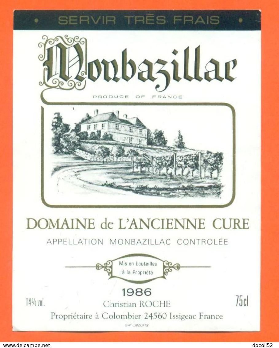 étiquette De Vin De Monbazillac Domaine De L'ancienne Cure 1986 Christian Roche à Colombier - 75 Cl - Monbazillac