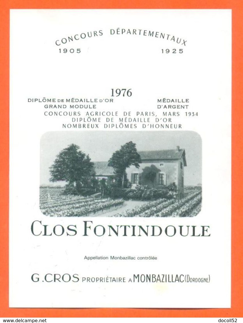 étiquette De Vin De Monbazillac Clos Fontindoule 1976 G Gros à Monbazillac - 75 Cl - Monbazillac