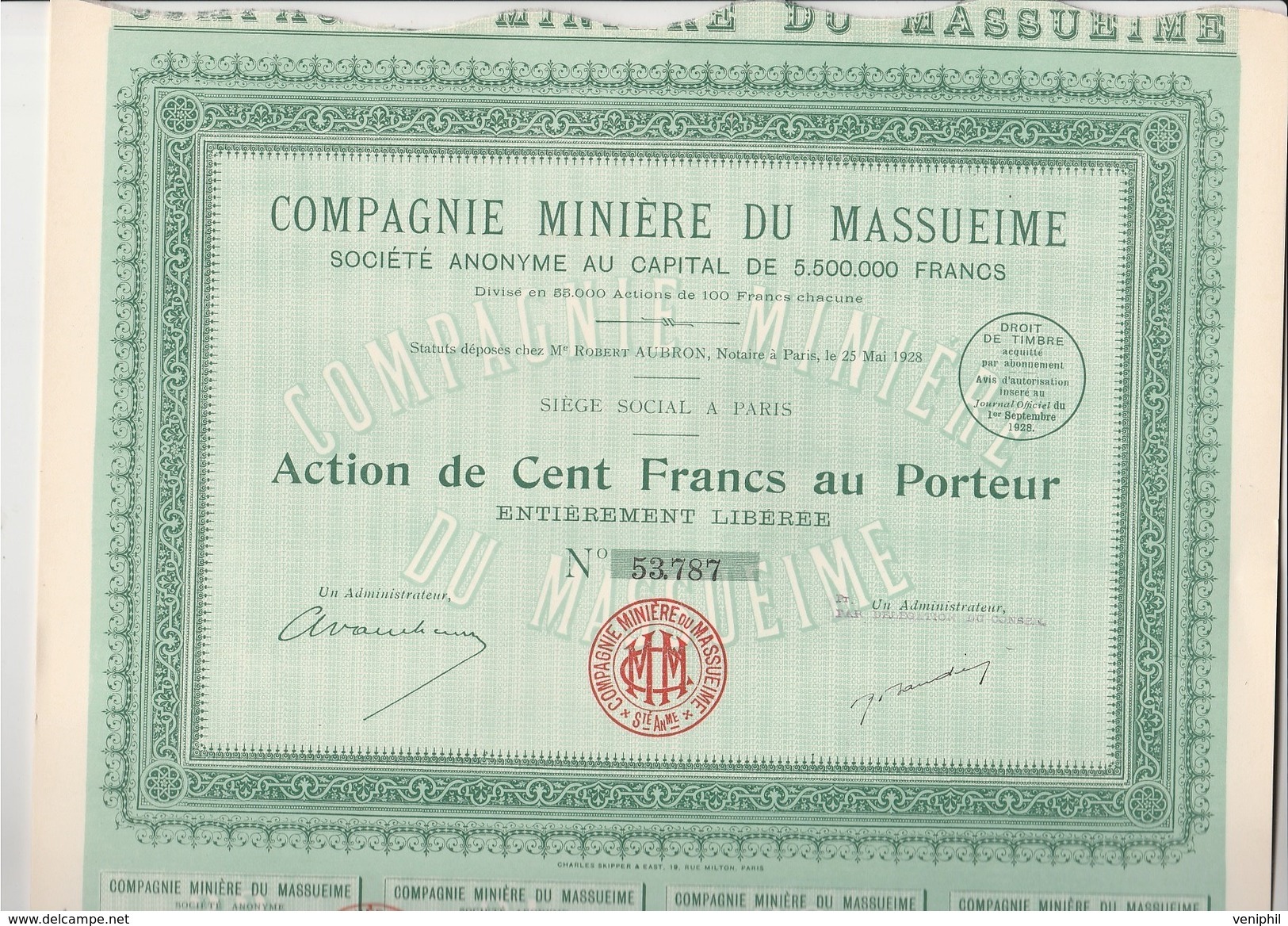 LOT DE 10 ACTIONS - COMPAGNIE MINIERE DU MASSUEIME - PORTUGAL-  ANNEE 1928 - TTB - Mines