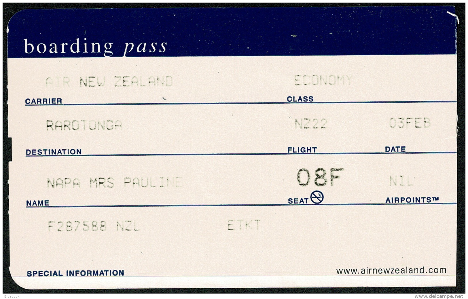 RB 1193 - 2006 Air New Zealand Boarding Pass Raratonga Cook Islands $25 Departure Stamp - Cartes D'embarquement