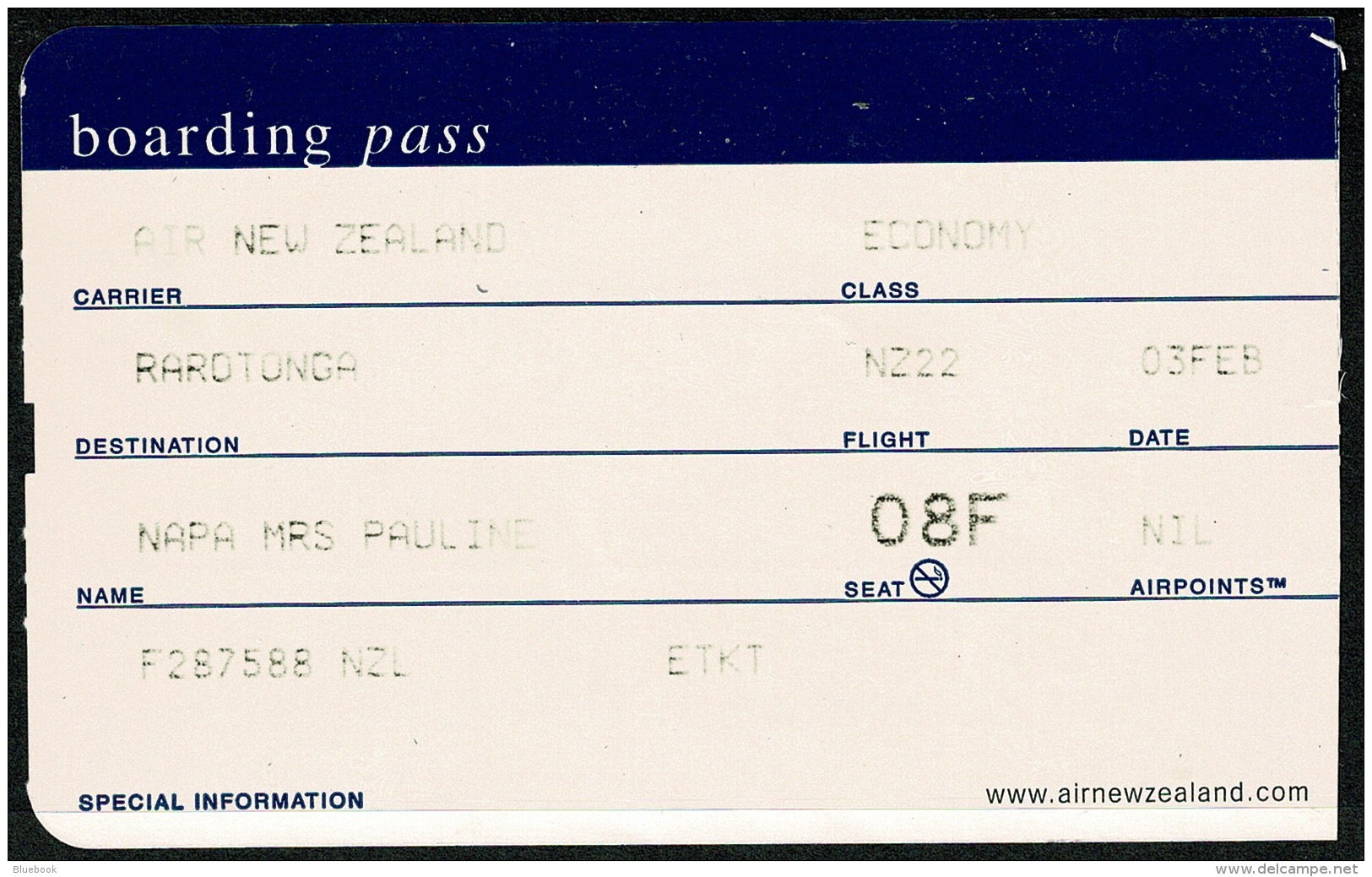 RB 1193 - 2006 Air New Zealand Boarding Pass Raratonga Cook Islands $25 Departure Stamp - Tarjetas De Embarque