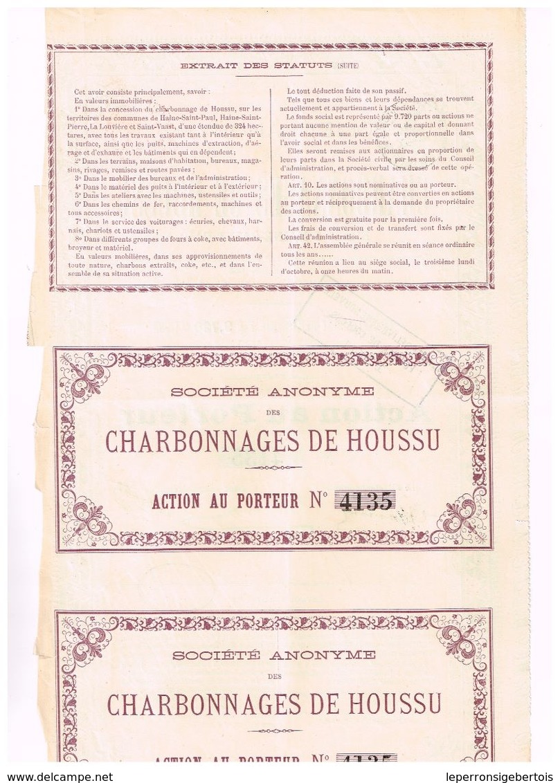 Action Ancienne - Sté Anonyme Des Charbonnages De HOUSSU - Titre De 1886 - Mines