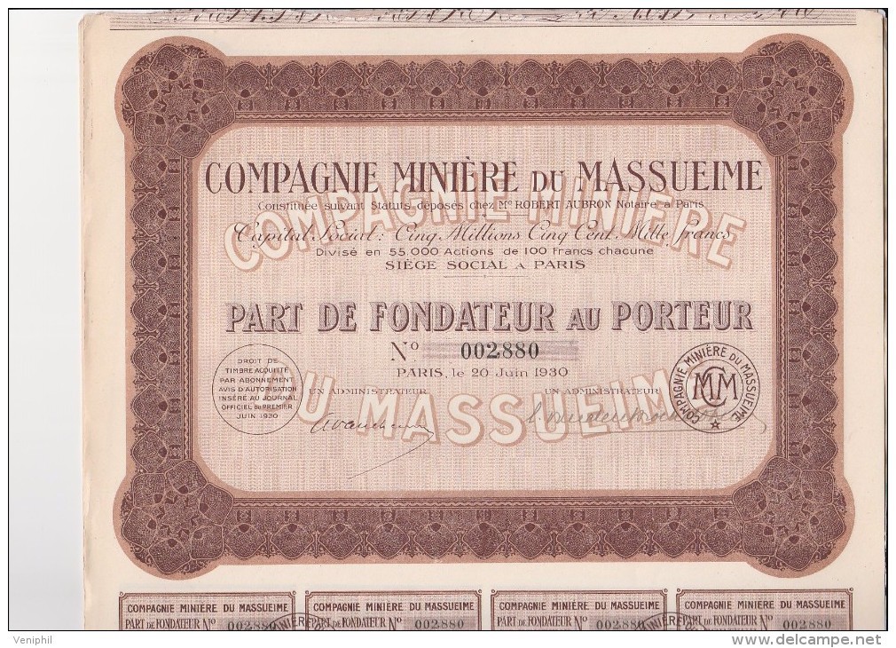 3 PARTS DE FONDATEUR - COMPAGNIE MINIERE DU MASSUEIME - ANNEE 1930 - Mines