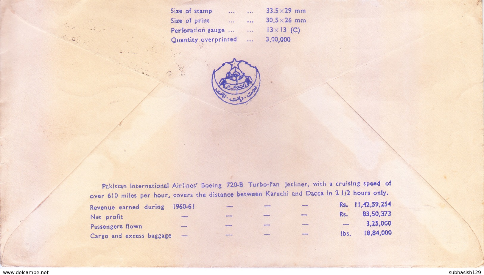 PAKISTAN : 1962 OFFICIAL FIRST FLIGHT COVER, POSTS & TELEGRAPH DEPT. : PAKISTAN INTERNATIONAL AIRWAYS : KARACHI - DACCA - Pakistan