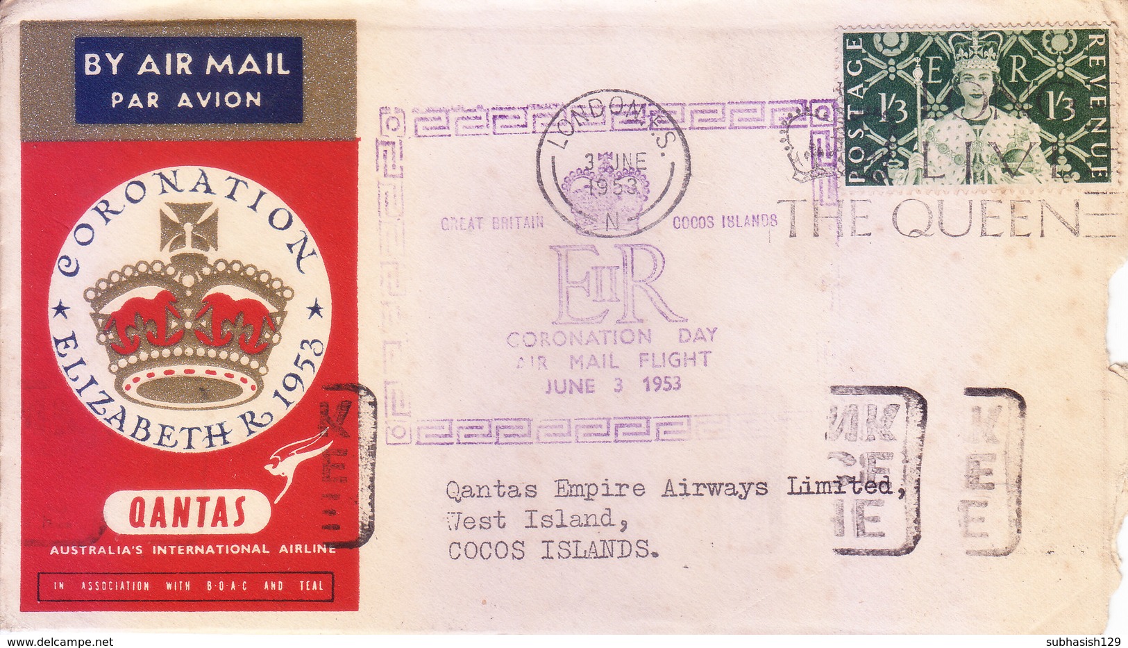 GREAT BRITAIN : 1953 CORONATION DAY SPECIAL FLIGHT, QUANTAS : LONDON TO COCOS ISLAND VIA SINGAPORE, INFORMATION CARD - Covers & Documents