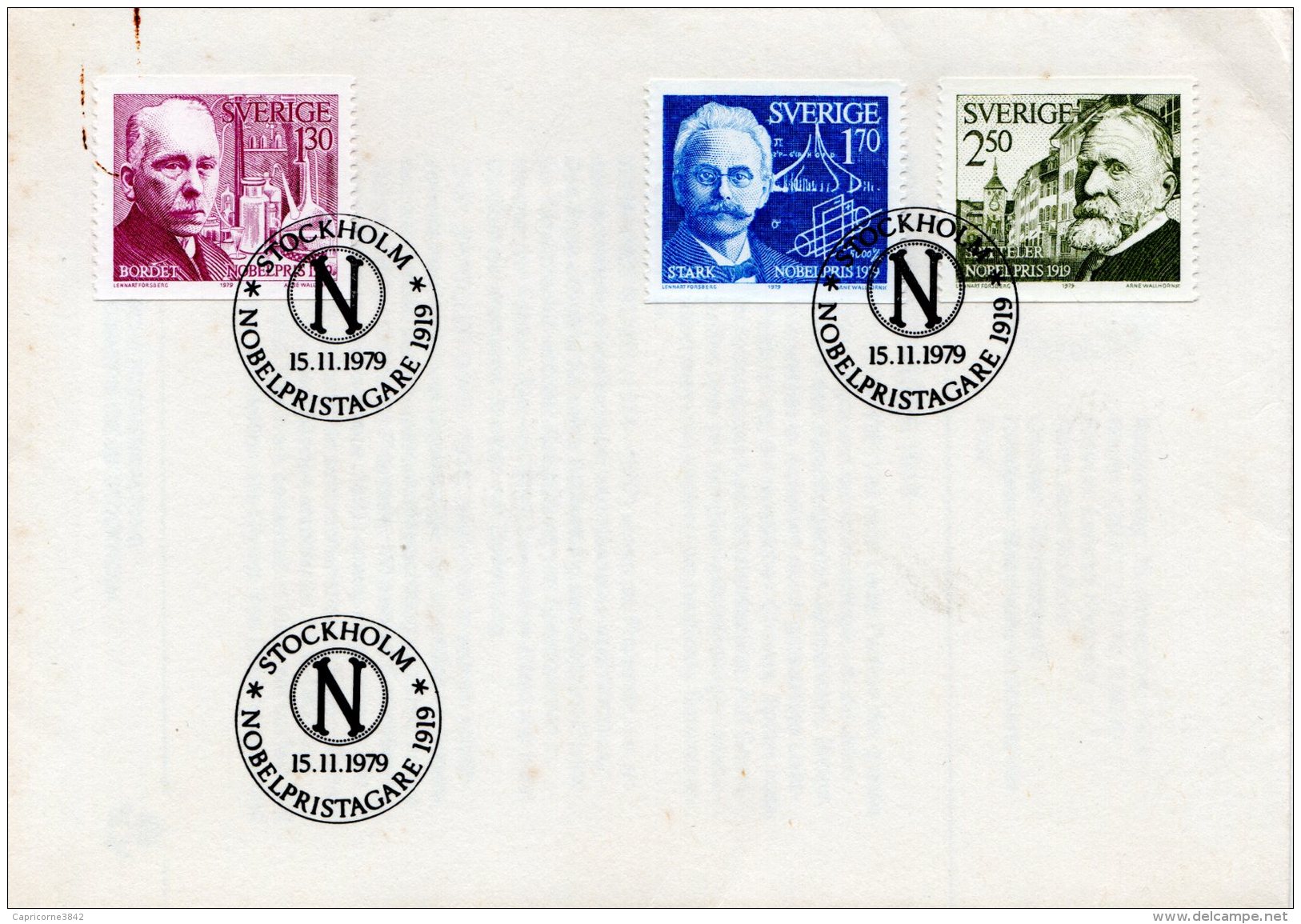 1979 - Suede - Lauréats Des Prix Nobel 1919 (Mr Bordet-Stark-Spitteler) Tp N° 1075 - 1076 Et 1077 - (Trace Trombonne Sur - FDC