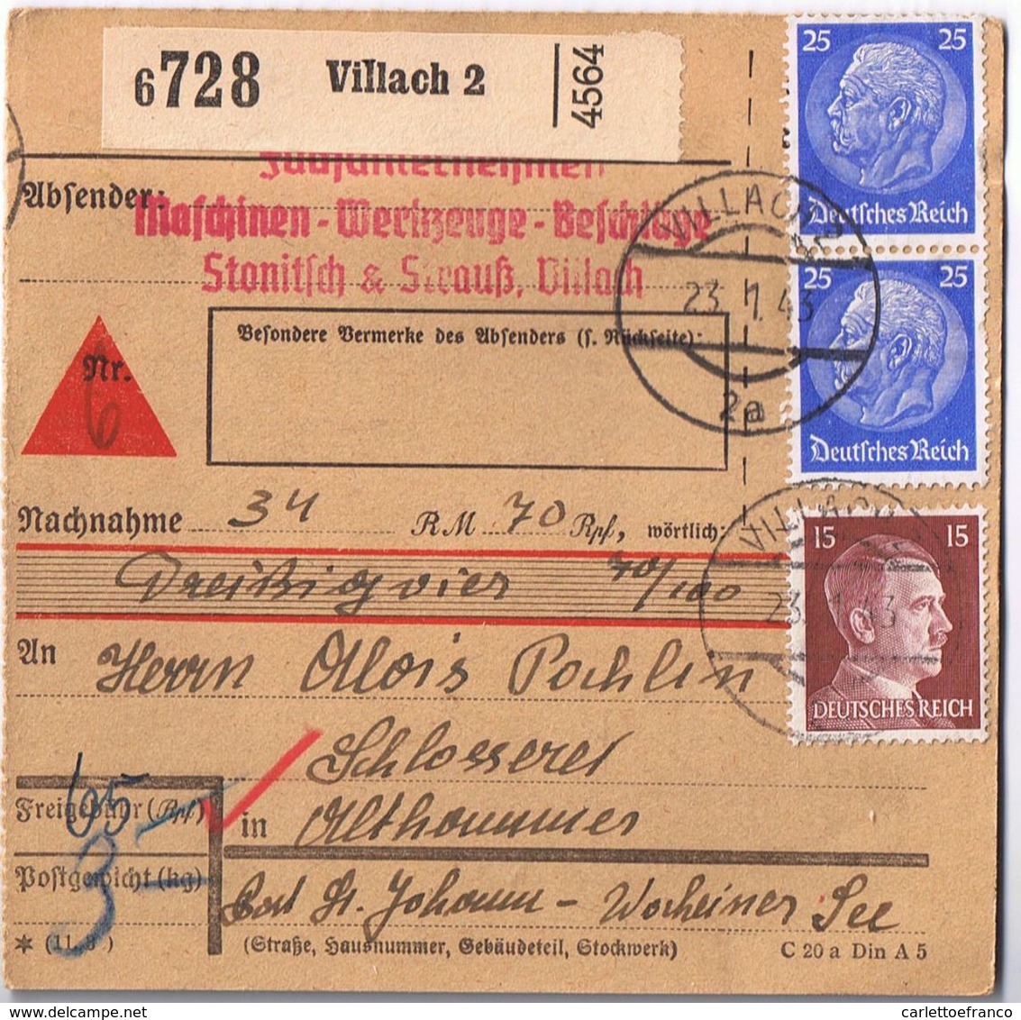 2 Ricevute Pacchi : Villach->St. Johann ( Wochein ) Viaggiate 1943 - 2 Serie Diverse Di Bolli - Storia Postale