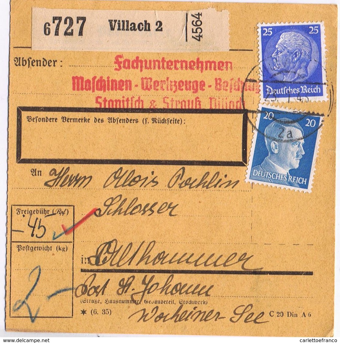 2 Ricevute Pacchi : Villach->St. Johann ( Wochein ) Viaggiate 1943 - 2 Serie Diverse Di Bolli - Storia Postale