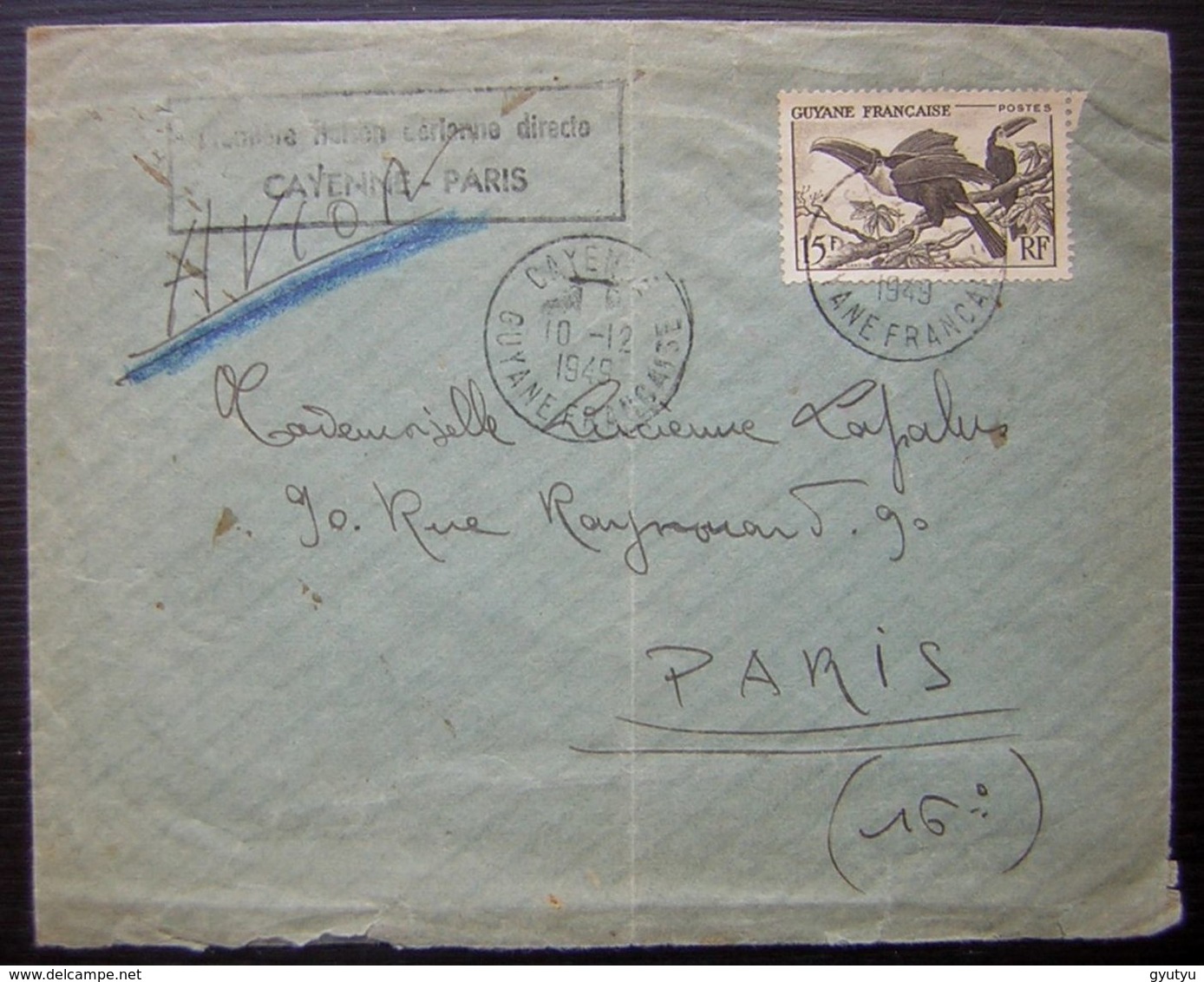 GUYANE 1949: N°214 Sur Lettre Premier Vol CAYENNE-PARIS Première Liaison Directe Cayenne Paris - Lettres & Documents