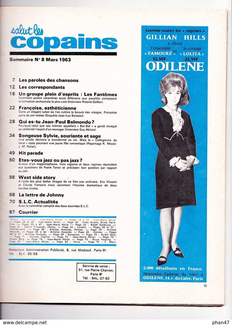 S.L.C. SALUT LES COPAINS N°8/ 03/1963 Sylvie Vartan (poster), Johnny Hallyday, Les Fantômes, Belmondo, West Side Story, - Musique