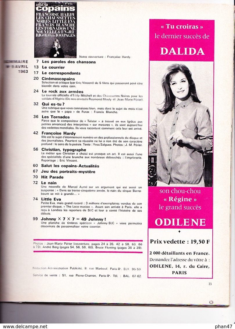 S.L.C. SALUT LES COPAINS N°9/ 04/1963 Françoise Hardy (poster), Les Chaussettes Noires, Eddy Mitchell, Little Eva - Musique