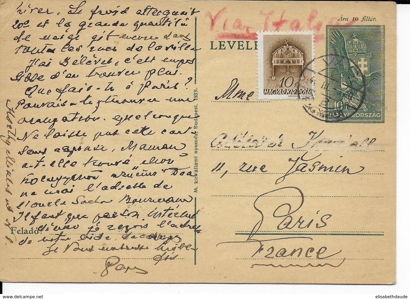 1940 - HONGRIE - CARTE ENTIER POSTAL De VAC => PARIS Via ITALIE - Interi Postali
