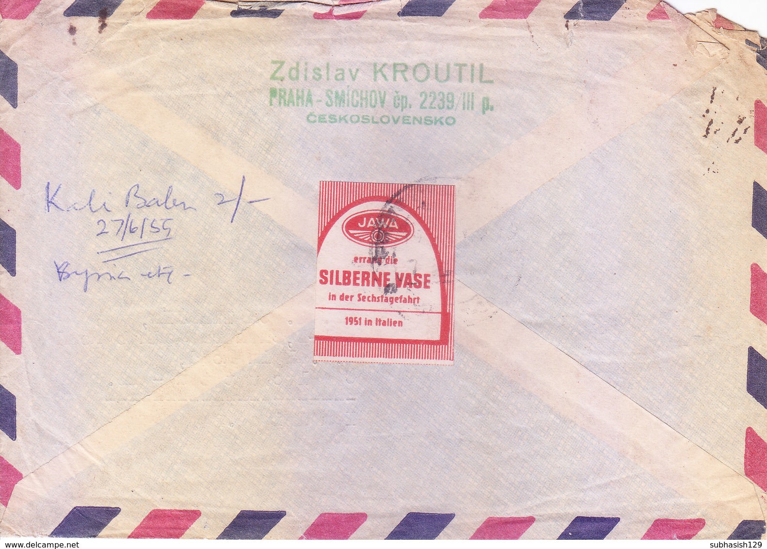 CZECHOSLOVAKIA : 1959 COMMERCIAL COVER POSTED FOR INDIA : USE OF ADVERTISEMENT LABEL ON BACK - SILBERNE VASE - Covers & Documents