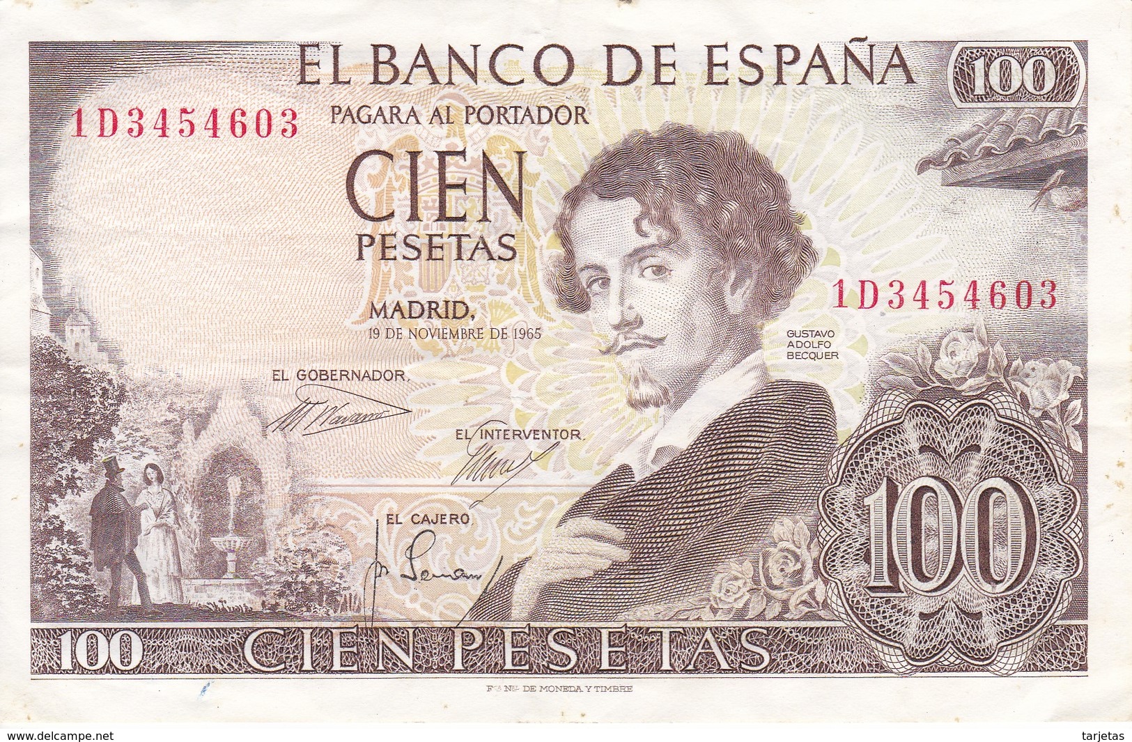 BILLETE DE 100 PTAS DEL AÑO 1965  SERIE 1D -  BECQUER  CALIDAD MBC (VF) (BANKNOTE) - 100 Pesetas