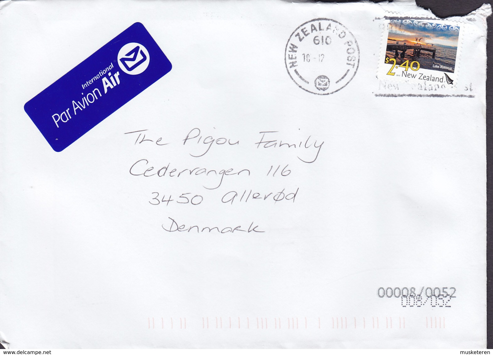 New Zealand INTERNATIONAL PAR AVION Air Label NEW ZEALAND POST 2010 Cover Brief ALLERØD Denmark $2.40 Lake Rotorua - Storia Postale