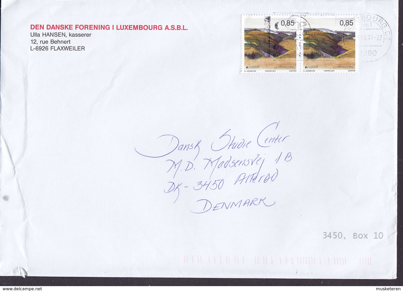 Luxembourg DEN DANSKE FORENING I Luxembourg Slogan Flamme LUXEMBOURG 2011 Cover Lettre ALLERØD Denmark 2x Europa CEPT - Cartas & Documentos