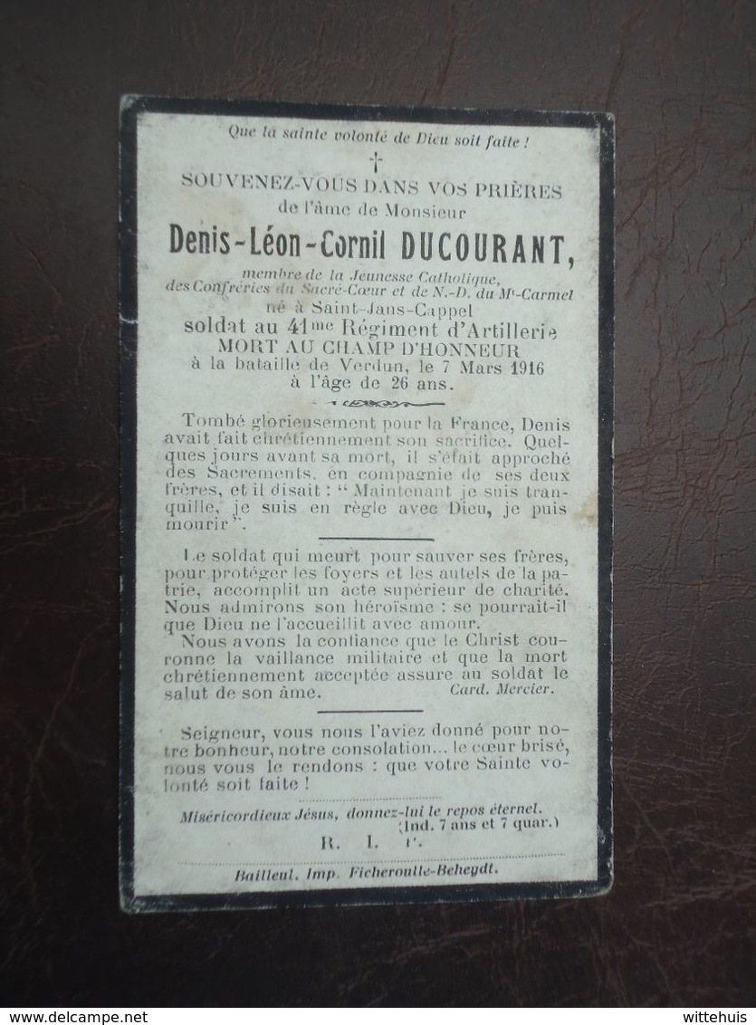 Oorlogslachtoffer Denis Ducourant Né à Saint-Jans-Cappel Tombé Au Champ D'Honneur De Verdun 1916  (2scans) - Religión & Esoterismo