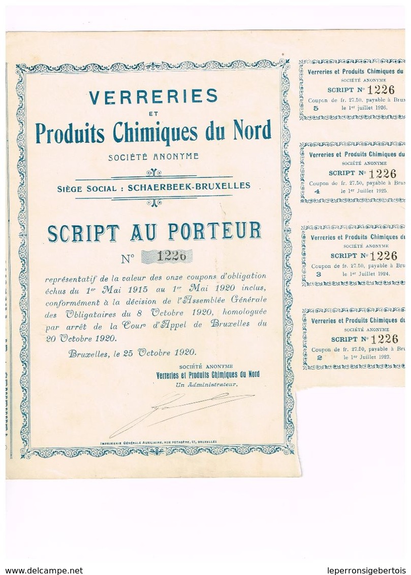 Script Ancien - Verreries Et Produits Chimiques Du Nord - Titre De 1920 - Rare - Mines