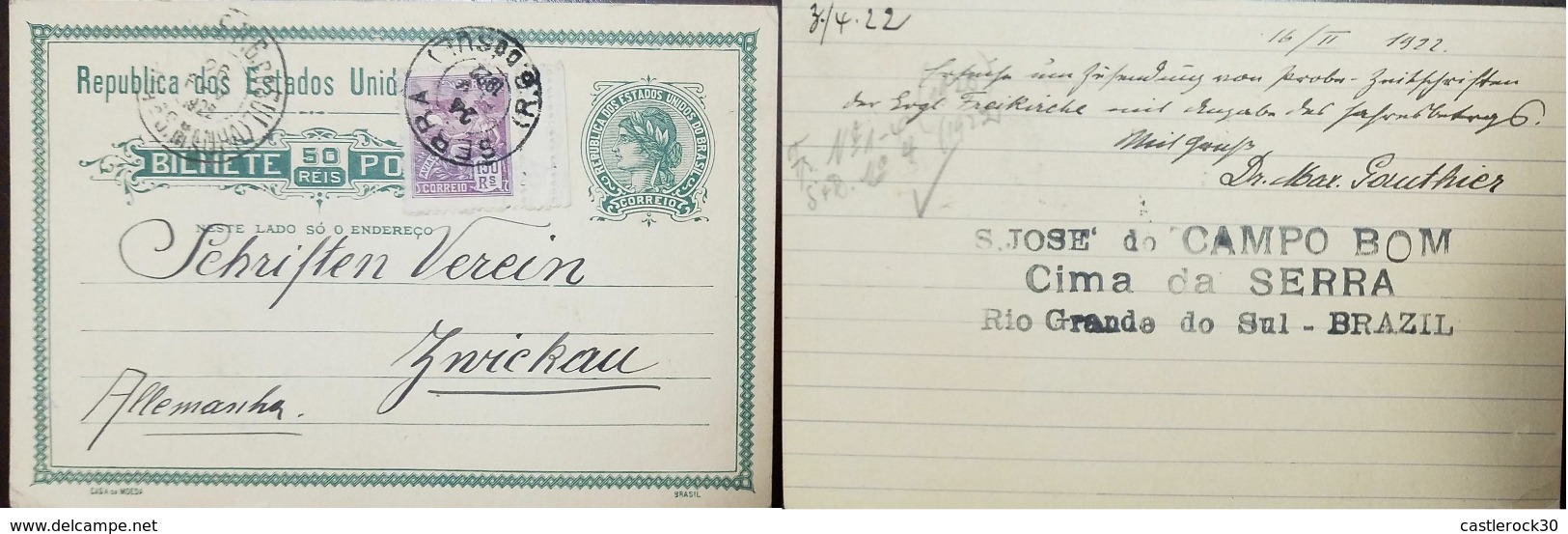 L) 1922 BRAZIL, AVIATION, SCOTT A75, 150R VIOLET, POSTAL TICKET 50 REIS, CIRCULATED COVER FROM BRAZIL TO GERMANY, XF - Covers & Documents