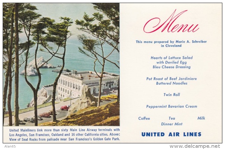 United Airlines Menu And San Francisco Scene On C1950s/60s Vintage Postcard, Aviation Theme - Sonstige & Ohne Zuordnung