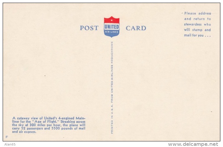 United Airlines Mainliner Cut-away View Of Airplane In Flight, C1940s/50s Vintage Postcard - 1946-....: Moderne