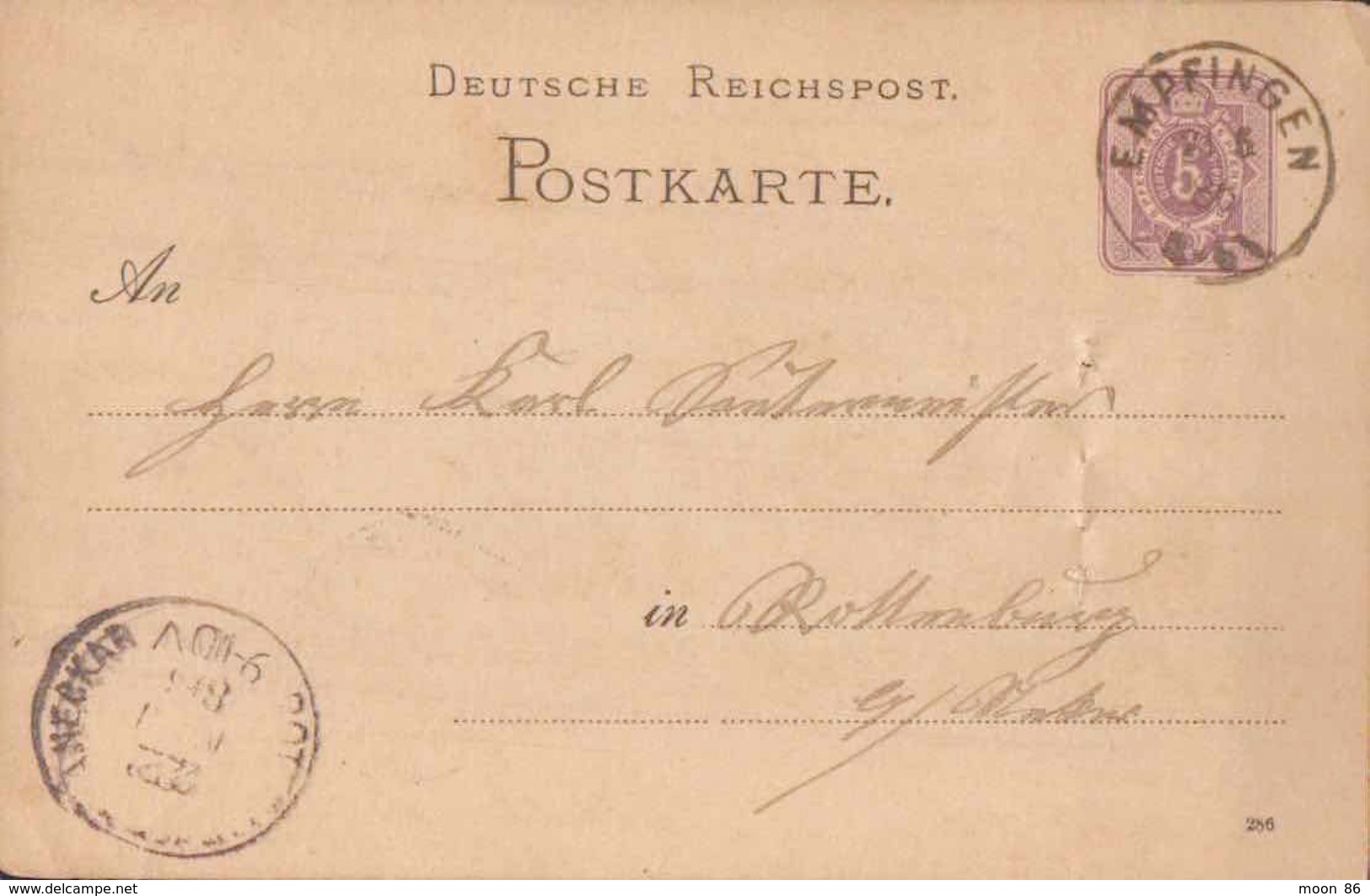 ALLEMAGNE - 1886 - Carte Lettre - ENTIER POSTAL - CACHET  EMPFINGEN TO ROTTENBURG AMNECKAR - Lettres & Documents