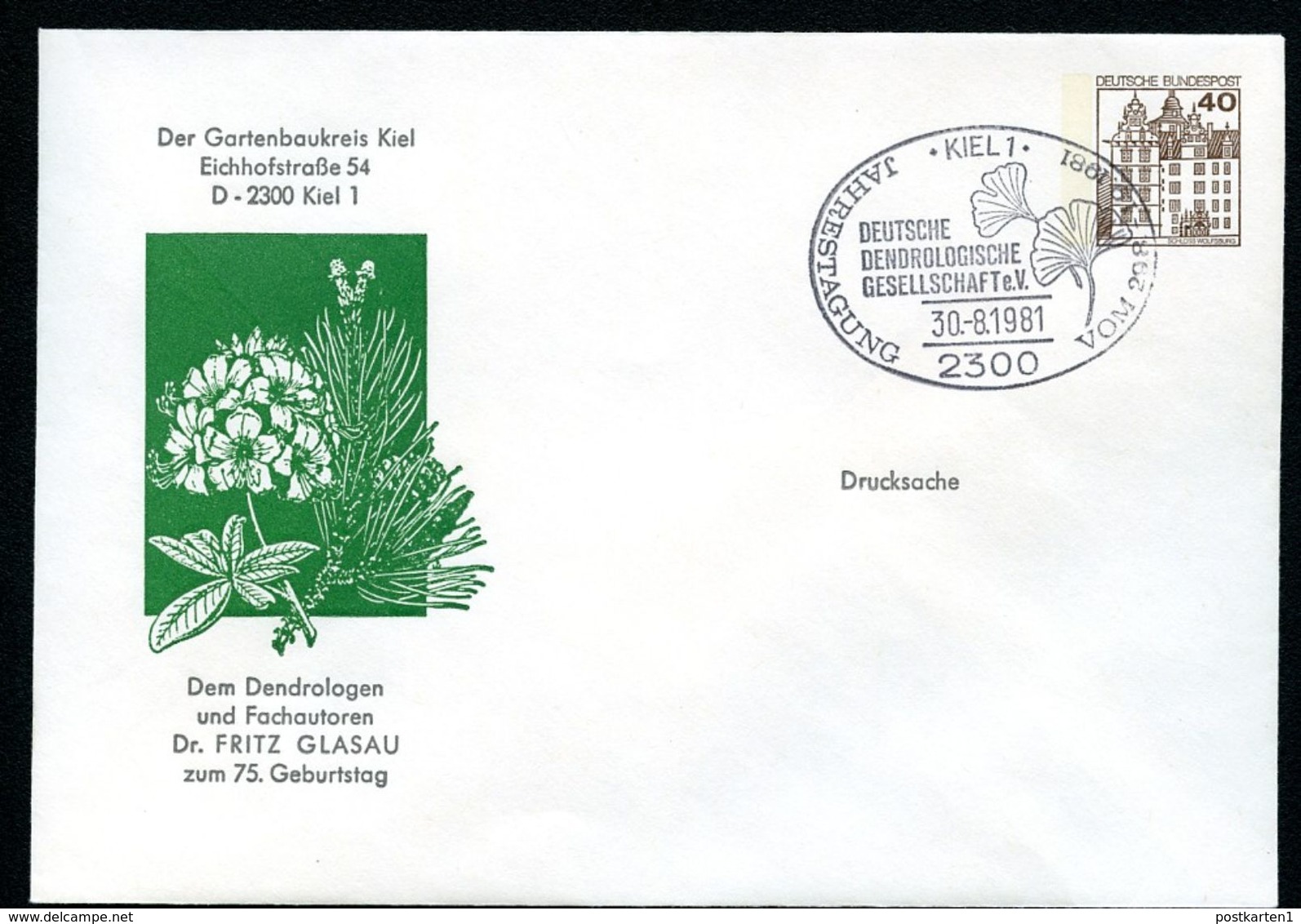 Bund PU111 B2/006 Privat-Umschlag DENDROLOGE DR. GLASAU Sost. Kiel 1981 - Private Covers - Used