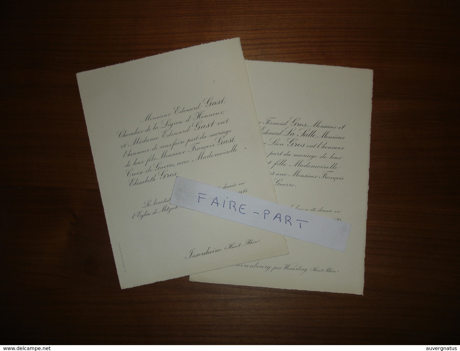 FAIRE-PART MARIAGE 1925 GAST # GROS Issenheim Stoerenbourg Wesserling Alsace - Mariage