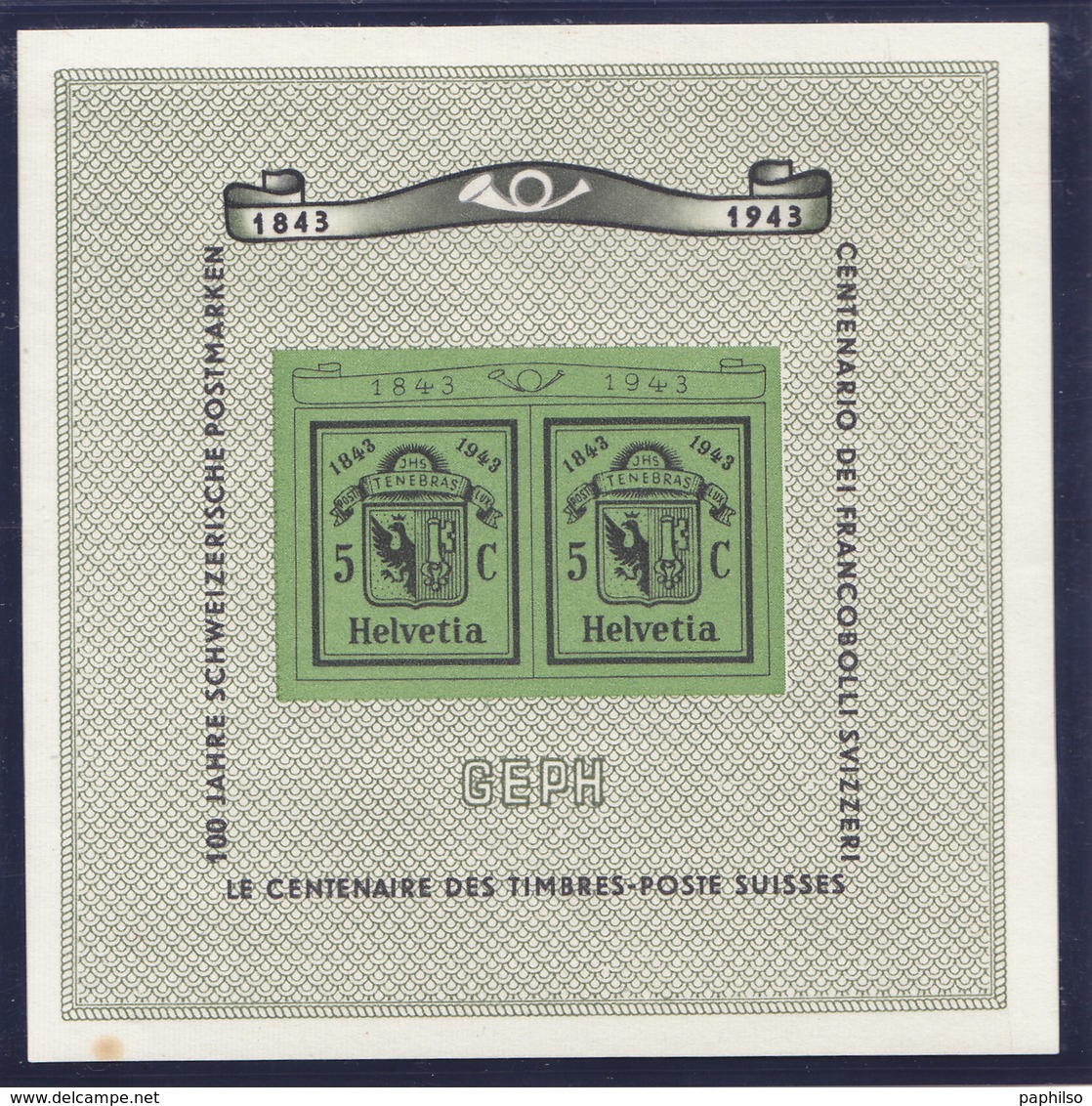 1943 Gedenkblock Briefmarkenausstellung Genf GEPH Postfrisch - Blocs & Feuillets