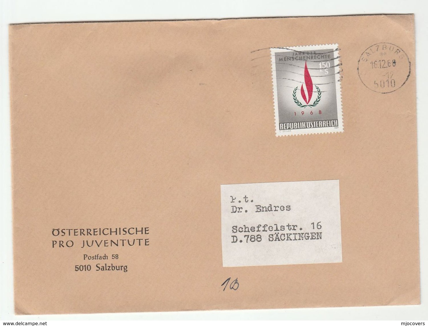 1968 Osterreichische Pro Juventute COVER Salzburg AUSTRIA  Stamps UN United Nations - Covers & Documents