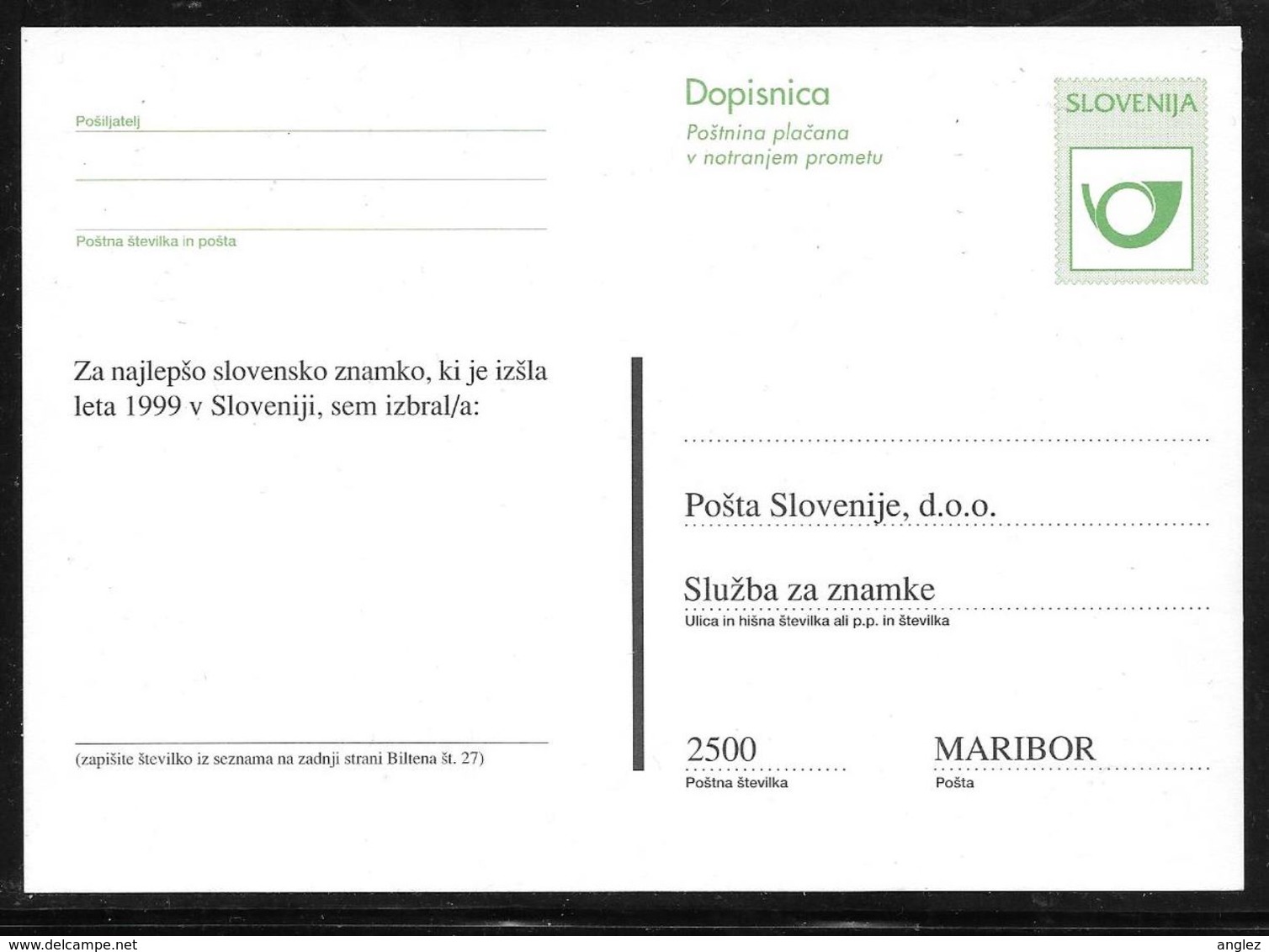 Slovenia: 1999 Definitive Stationery Card Posthorn Stamp Voting Paper  Unused - Slovenia