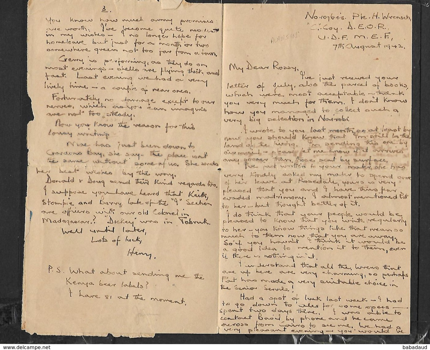 S.A.frica WWII Air Letter 3d Large Wars Effort EGYPT 55  PAID ..AU 42 C.d.s ,PASSED BY CENSOR No 1261 > Nairobi - Covers & Documents